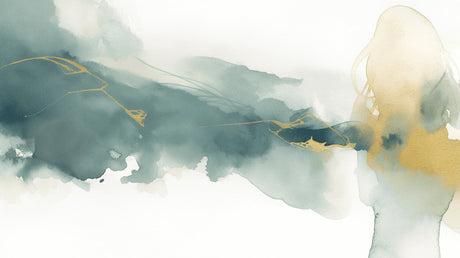 Green and gold abstract wall mural in bright dining room showing watercolor effects