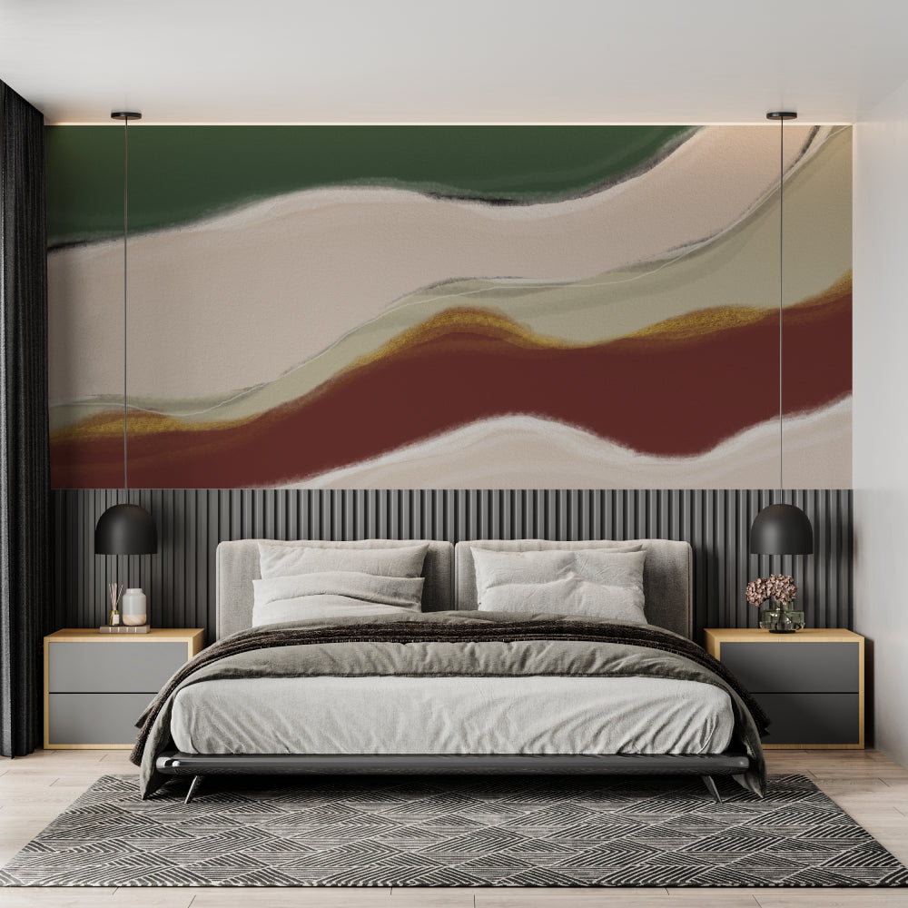 Abstract wave mural in bedroom creating calm atmosphere with earth tone bedding
