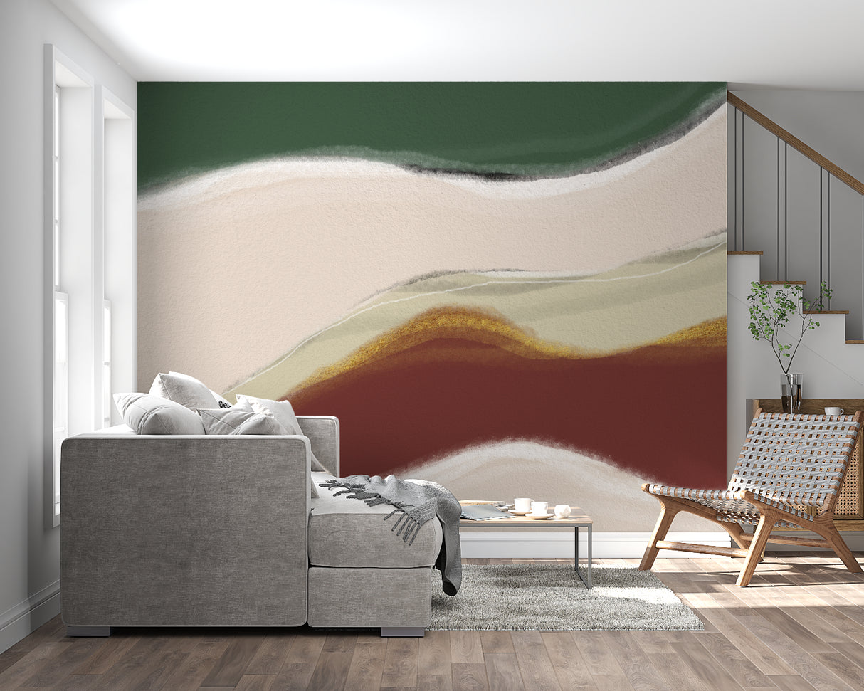 Modern hallway showcasing green and terracotta abstract wallpaper with minimal decor