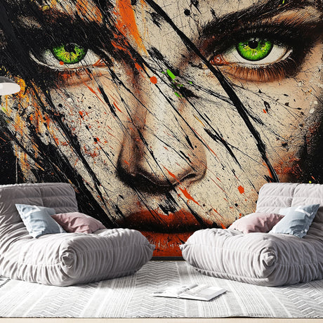 Modern dining room featuring Abstract Face Wallpaper with green eyes and paint splashes creating dramatic focal point