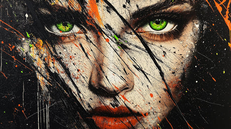 Abstract face wallpaper design file showing detailed green eyes and paint splash pattern