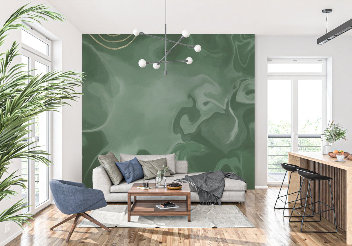 Emerald green marble wallpaper featured in dining room, gold details catching evening light