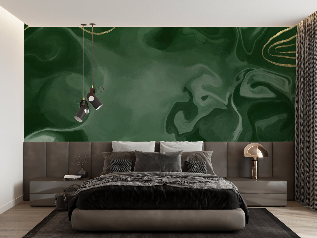 Abstract green and gold marble wallpaper in master bedroom creating luxurious atmosphere