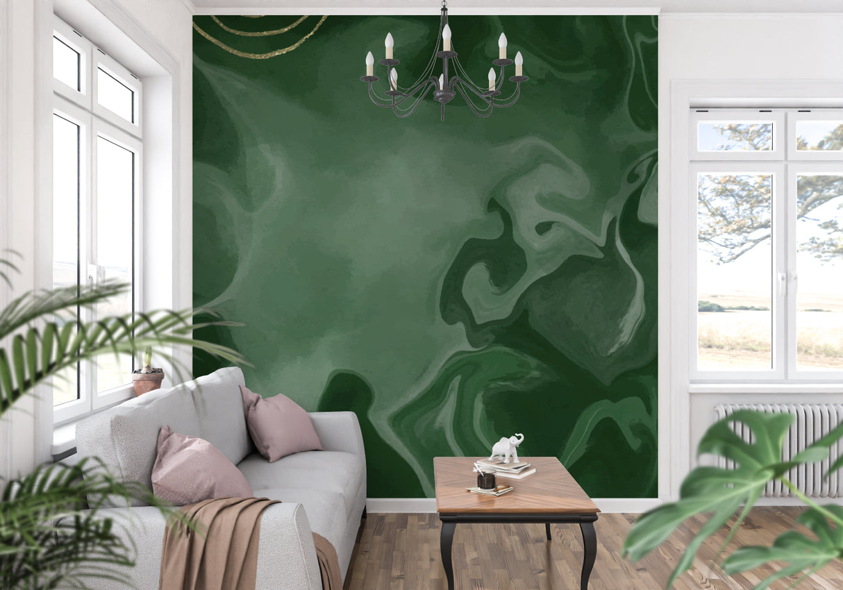 Green marble effect wallpaper in home office space showing depth and movement