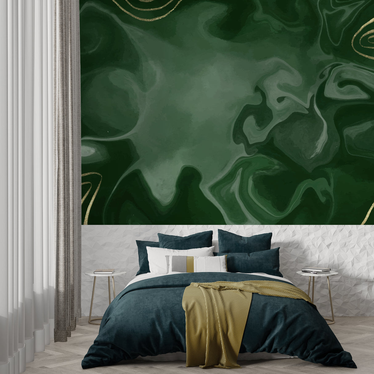Luxury green marble wallpaper with gold accents in entrance hall creating grand welcome