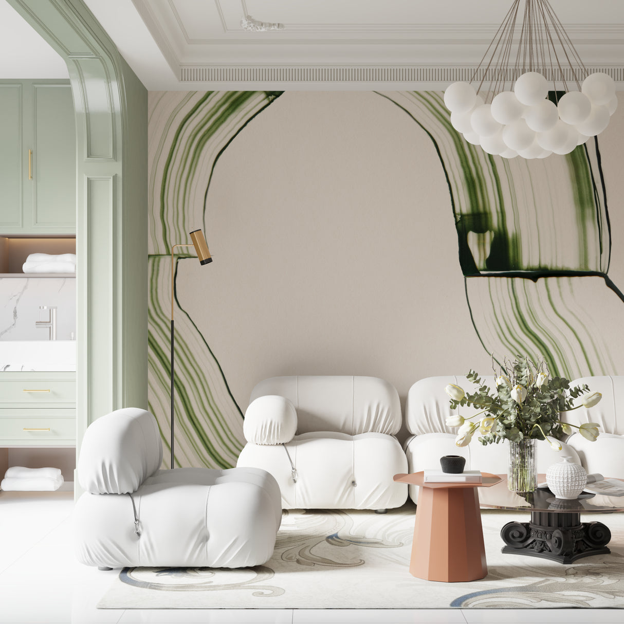 Abstract green line wallpaper creating focal point in minimalist dining room