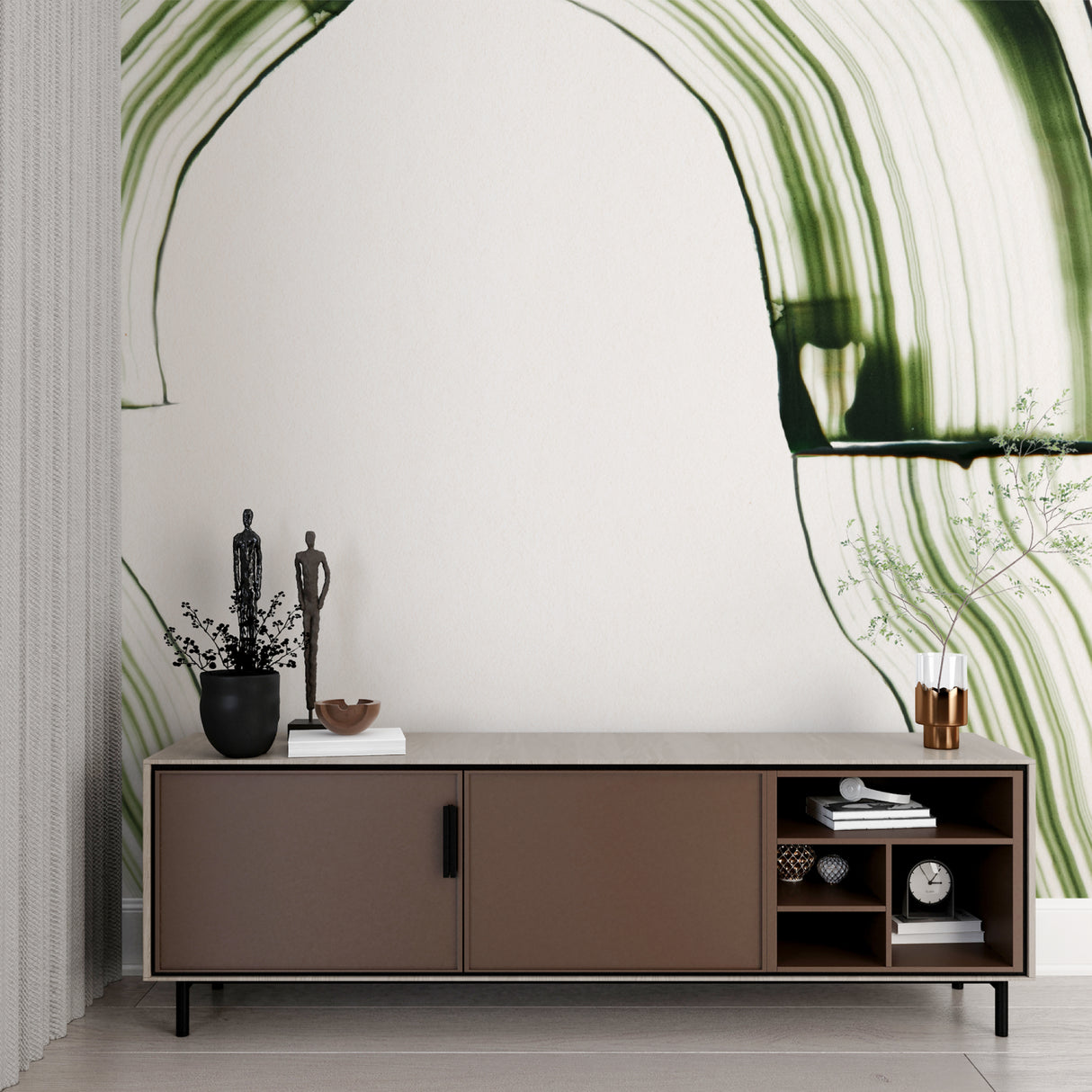 Watercolor line pattern mural in home office with modern desk setup