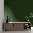 Modern green wave wallpaper in bright living room setting showing flowing gradient pattern