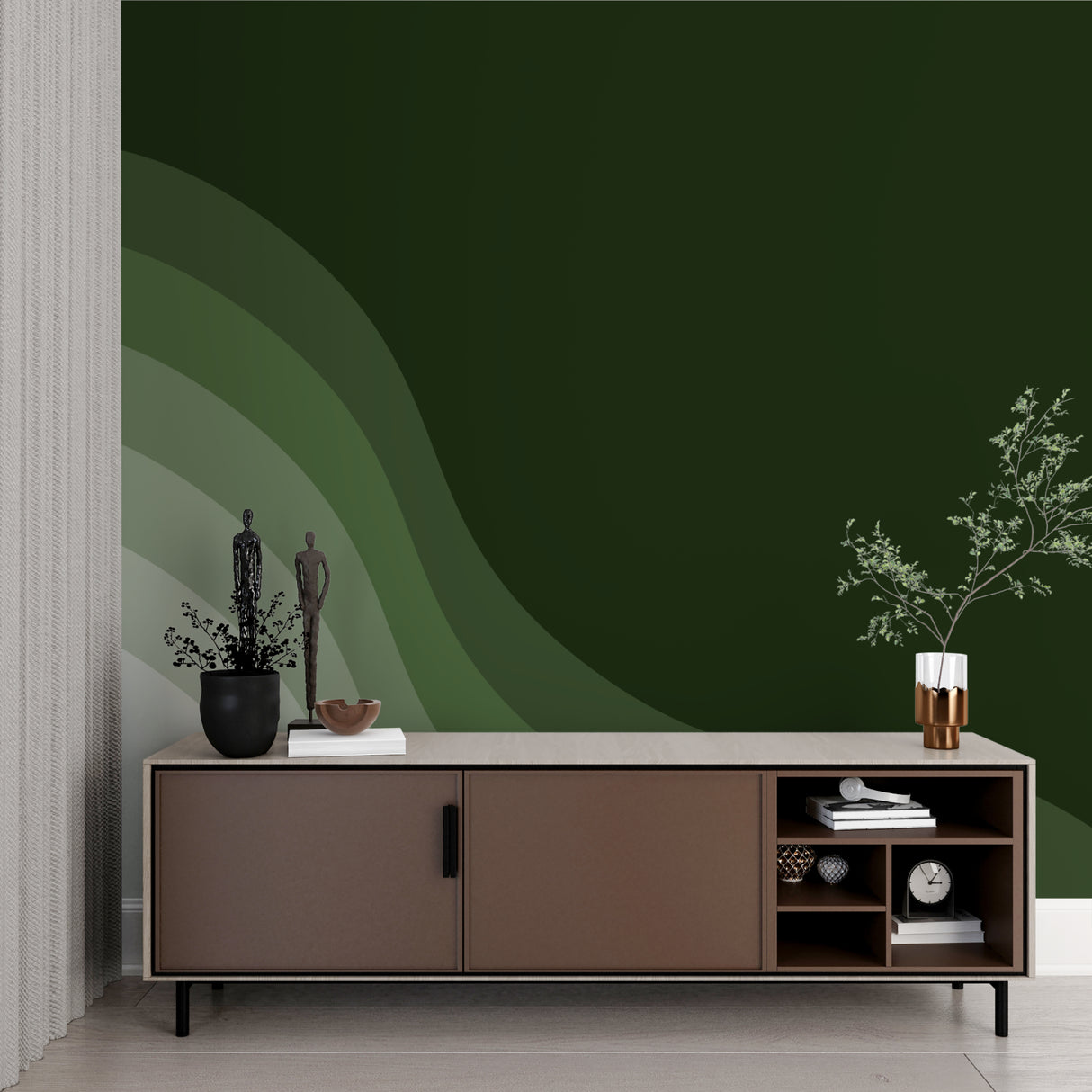 Modern green wave wallpaper in bright living room setting showing flowing gradient pattern