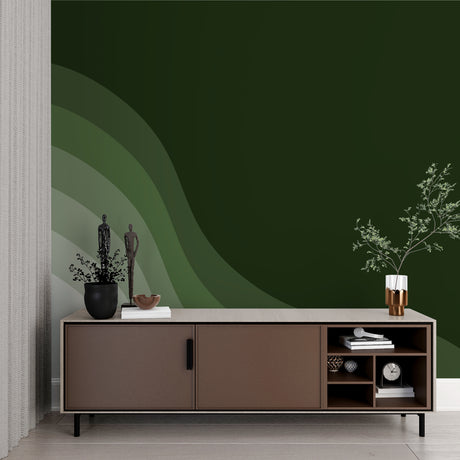 Modern green wave wallpaper in bright living room setting showing flowing gradient pattern