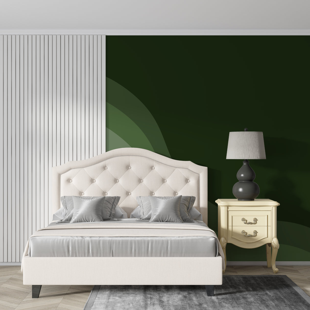 Abstract green gradient wall mural creating depth in minimal bedroom