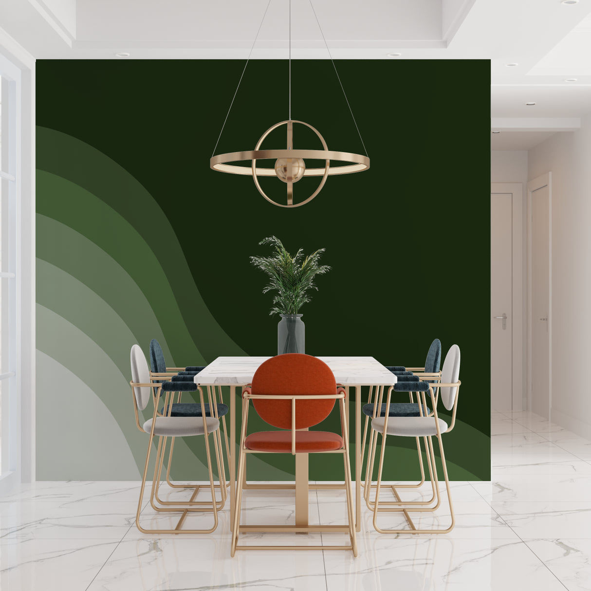 Green wave pattern wallpaper in contemporary office space