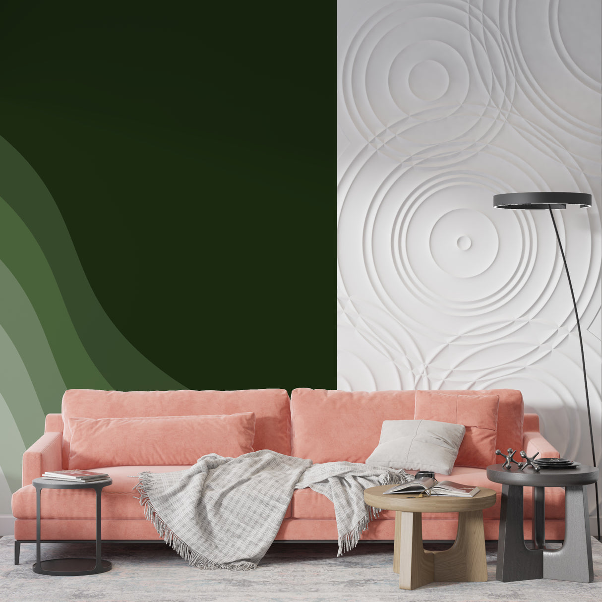 Modern abstract wave mural adding movement to dining room wall