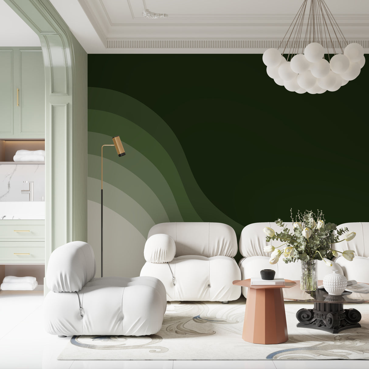 Green gradient wallpaper creating calm atmosphere in meditation room