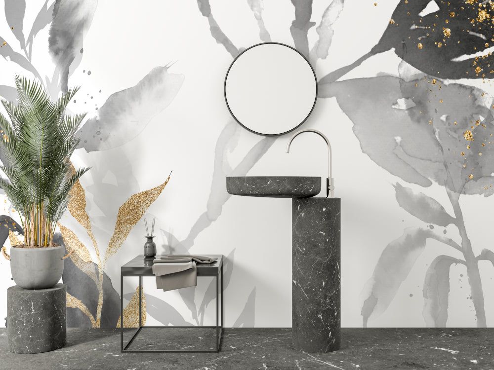 Modern Abstract Grey and Gold Watercolor Wallpaper in bright contemporary living room with natural light