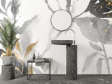 Modern Abstract Grey and Gold Watercolor Wallpaper in bright contemporary living room with natural light