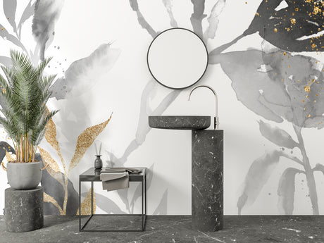 Modern Abstract Grey and Gold Watercolor Wallpaper in bright contemporary living room with natural light