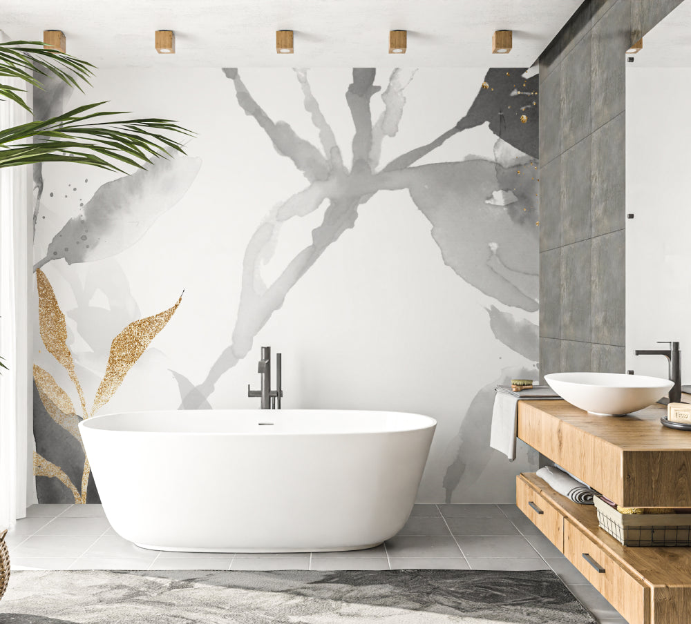 Grey and Gold Abstract Wallpaper creating elegant atmosphere in master bedroom
