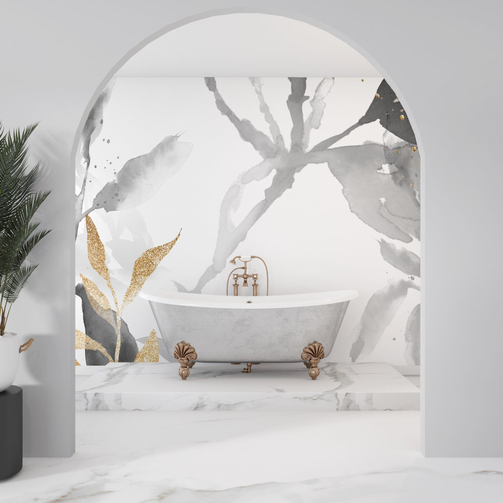 Grey Abstract Wall Mural with gold accents in minimalist home office setting