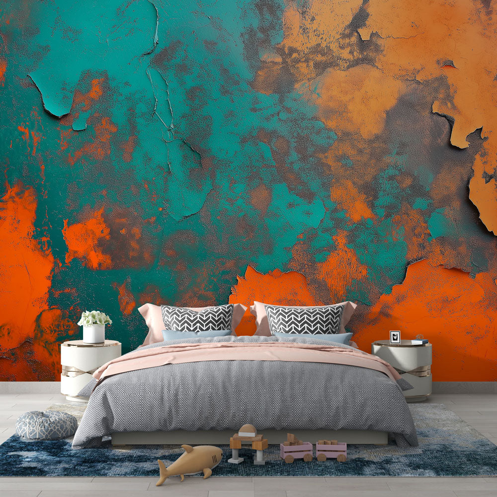 Abstract turquoise and orange wallpaper mural displayed in a modern living room, creating a bold industrial statement wall