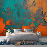 Abstract turquoise and orange wallpaper mural displayed in a modern living room, creating a bold industrial statement wall