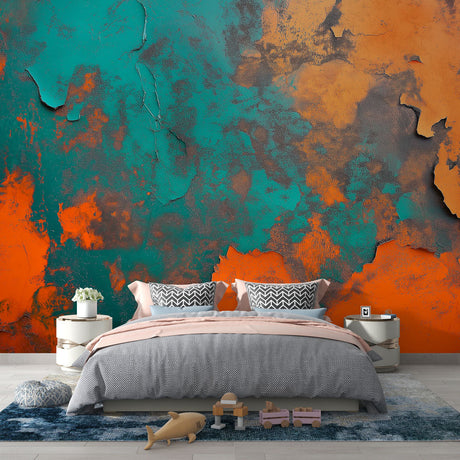 Abstract turquoise and orange wallpaper mural displayed in a modern living room, creating a bold industrial statement wall