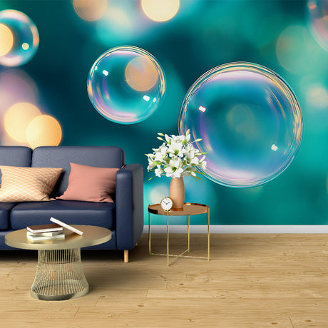 Bubble wallpaper with iridescent spheres creating a dreamy atmosphere in a modern living room with natural light