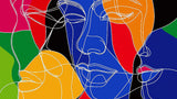 Papel Pintado Mural Abstracto | Rostros de Arte Lineal en Colores Intensos