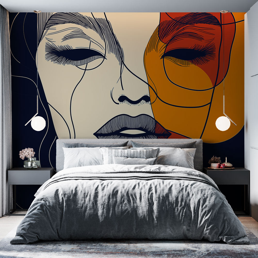 Modern abstract line art portrait wallpaper displayed in a bright living room with minimalist furniture