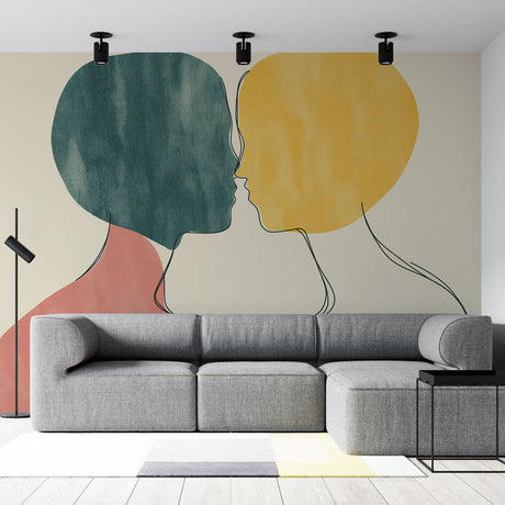 Modern Abstract Line Art Wallpaper creating a stunning focal point in a minimalist living room with natural light