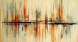 Abstract wall mural with red and beige lines shown in a modern living room setting with minimal furniture