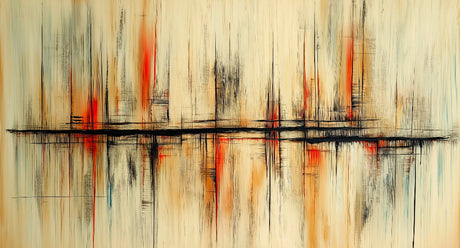 Abstract wall mural with red and beige lines shown in a modern living room setting with minimal furniture