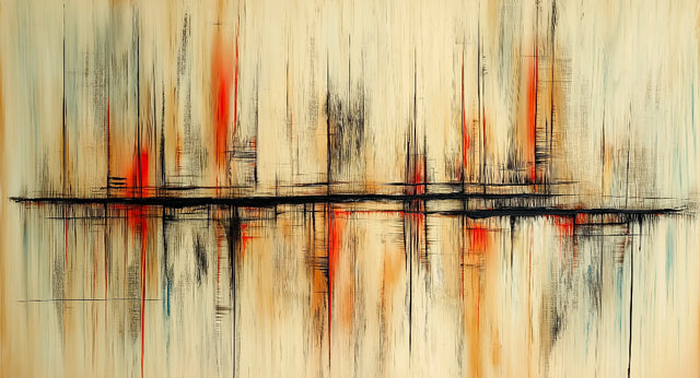 Abstract wall mural with red and beige lines shown in a modern living room setting with minimal furniture