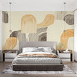 Abstract linear wallpaper in modern living room showing flowing beige and gold waves creating depth and movement