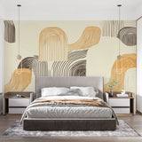 Abstract linear wallpaper in modern living room showing flowing beige and gold waves creating depth and movement