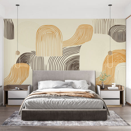 Abstract linear wallpaper in modern living room showing flowing beige and gold waves creating depth and movement