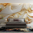 Modern abstract gold and white swirl wallpaper mural in a bright dining room with crystal chandelier