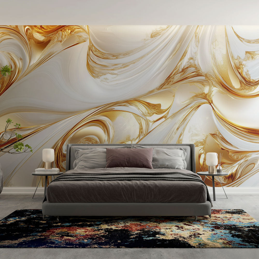 Modern abstract gold and white swirl wallpaper mural in a bright dining room with crystal chandelier