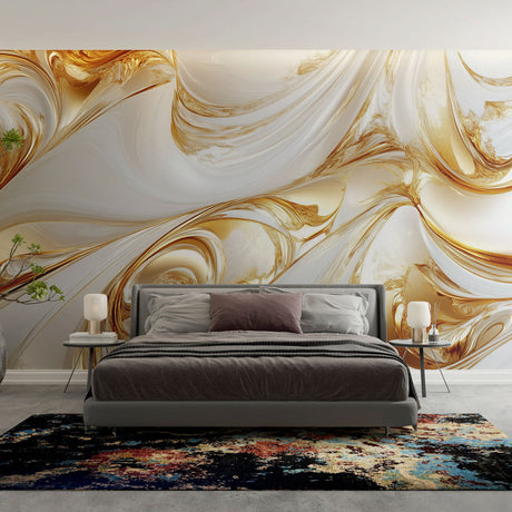 Modern abstract gold and white swirl wallpaper mural in a bright dining room with crystal chandelier