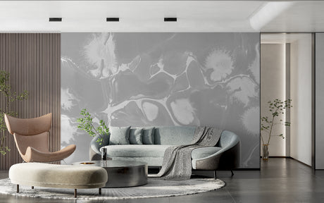 Modern grey marble wallpaper in a bright living room, creating an elegant feature wall behind a white sofa