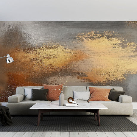 Modern living room featuring Abstract Metallic Gold and Grey Wallpaper, showing how metallic tones create depth and luxury