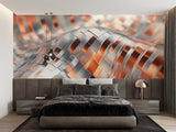 3D wave pattern wallpaper in minimalist hallway with pendant lighting