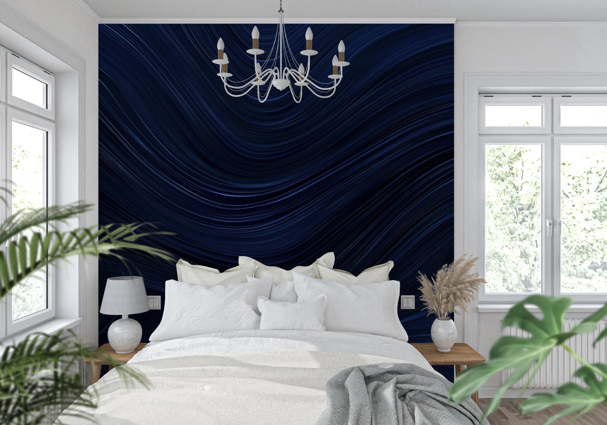 Modern blue wave wallpaper in a minimalist living room, creating a calming backdrop for grey furniture