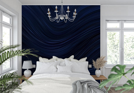 Modern blue wave wallpaper in a minimalist living room, creating a calming backdrop for grey furniture