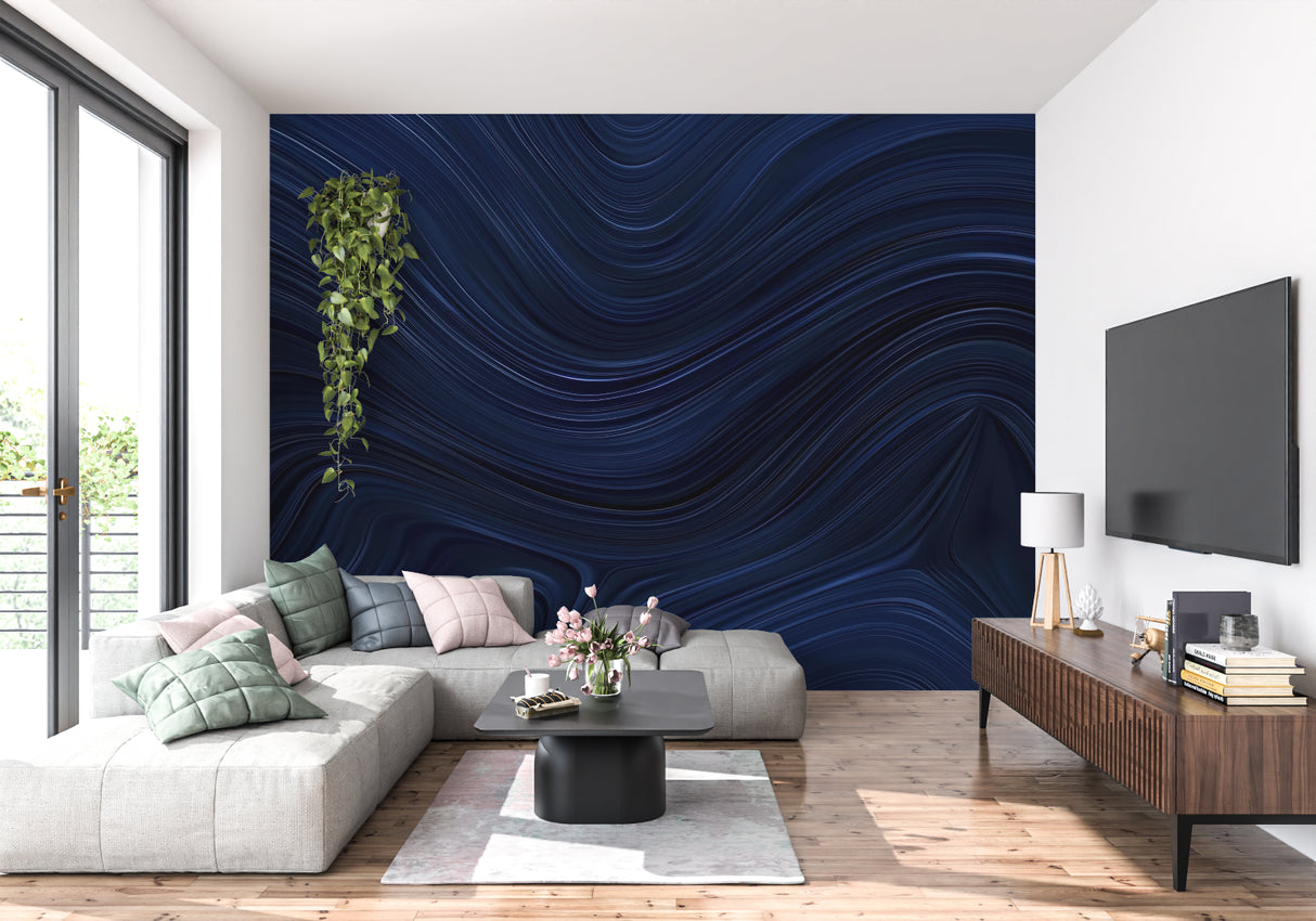Abstract wave pattern wallpaper adding depth to a modern bedroom with natural lighting
