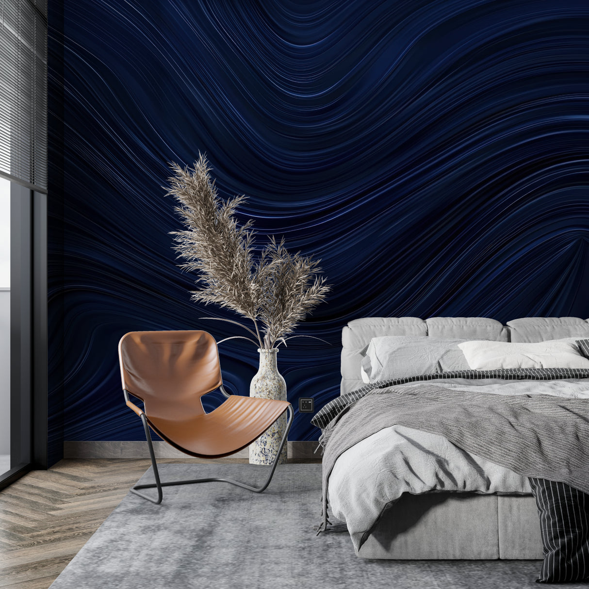 Midnight blue abstract wallpaper making a statement in a contemporary home office