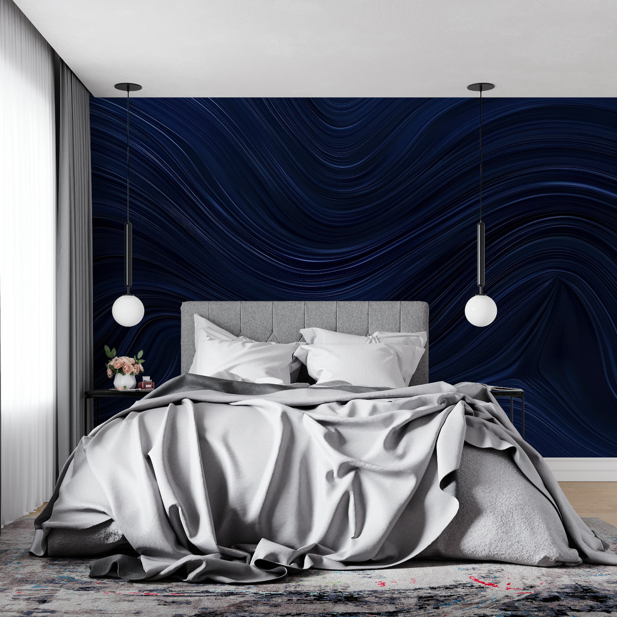 Blue wave mural creating flow in an elegant dining room with modern furnishings