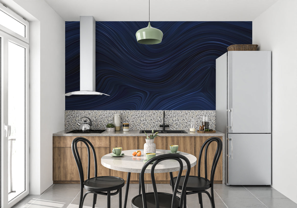 Abstract blue wallpaper pattern bringing movement to a stylish entrance hall