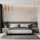 Home office space with minimalist abstract wallpaper creating calm work environment