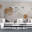 Modern abstract beige circle wallpaper creating a calm atmosphere in a bright living room with minimal furniture